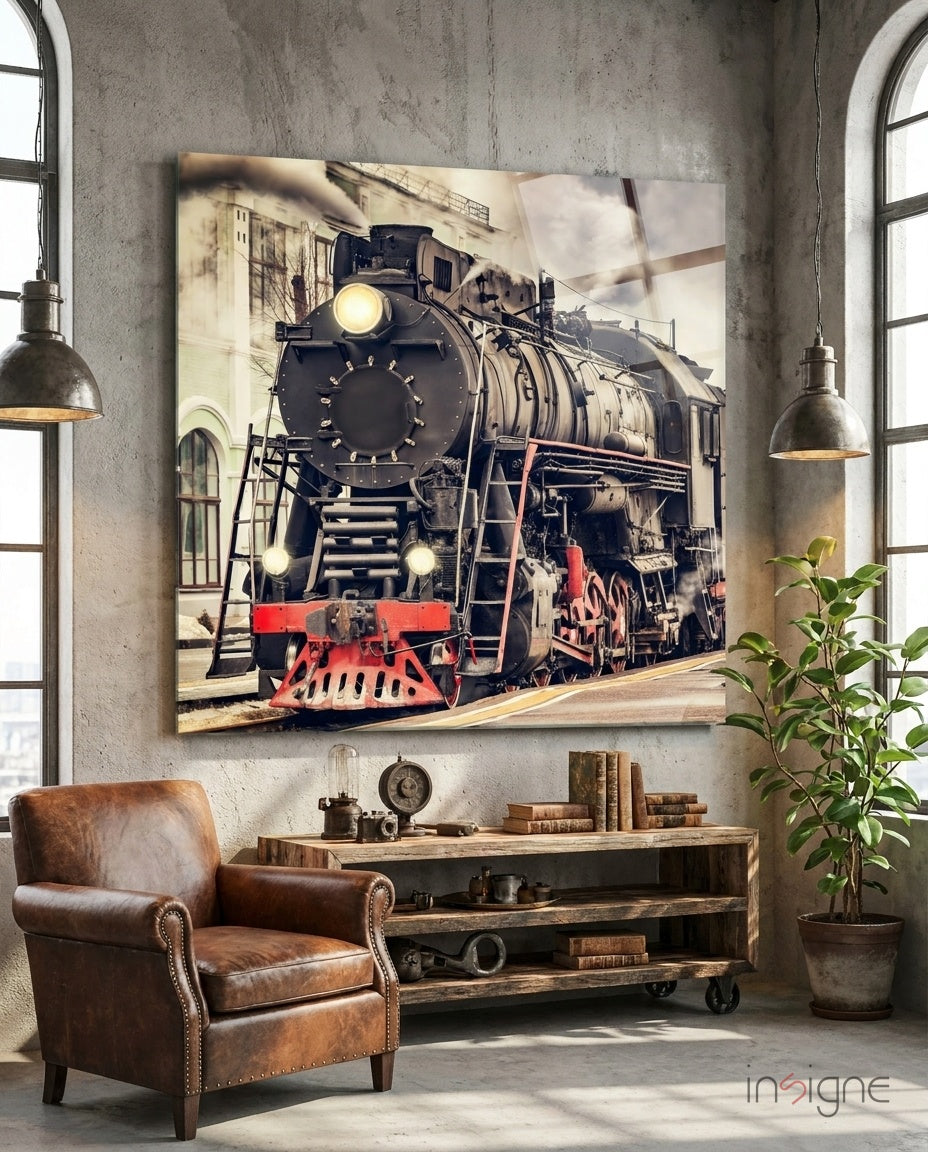 Vintage steam locomotive glass wall art print