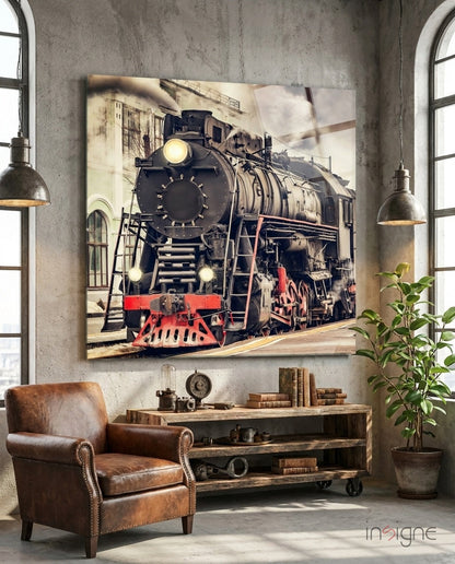 Vintage steam locomotive glass wall art print