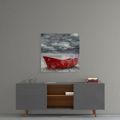 Fishing Boat Cloudy Shore Glass Wall Art