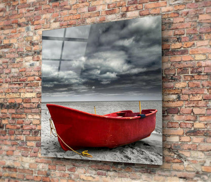 Fishing Boat Cloudy Shore Glass Wall Art