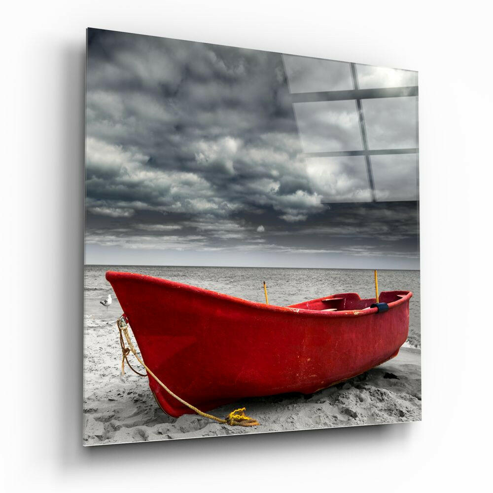 Fishing Boat Cloudy Shore Glass Wall Art
