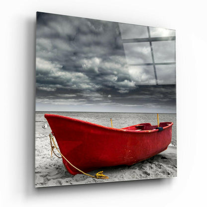 Fishing Boat Cloudy Shore Glass Wall Art