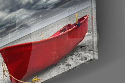 Fishing Boat Cloudy Shore Glass Wall Art