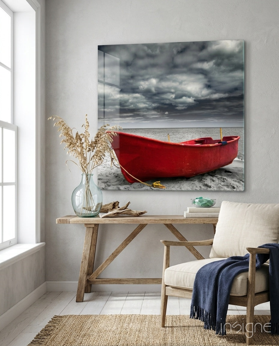 Fishing boat cloudy shore glass wall art
