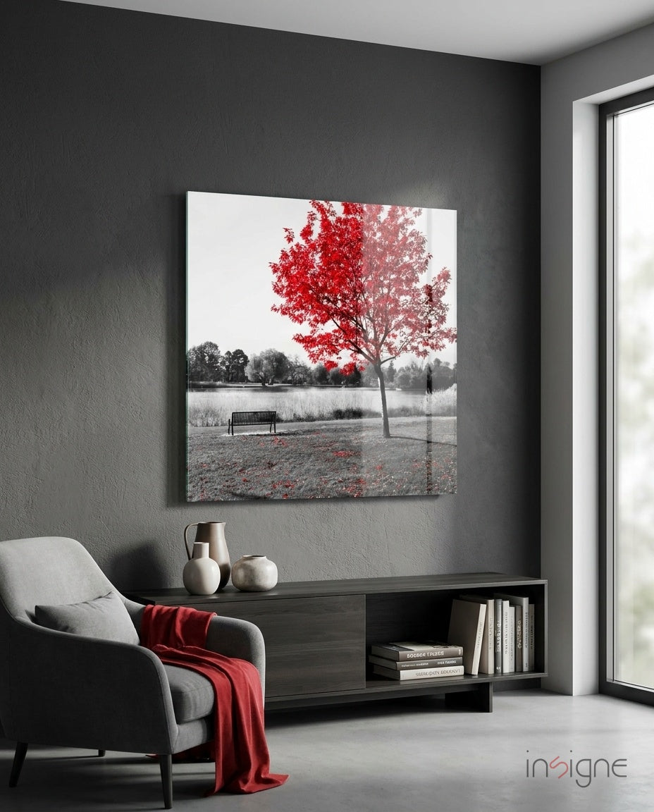 Red tree lakeside bench glass wall art