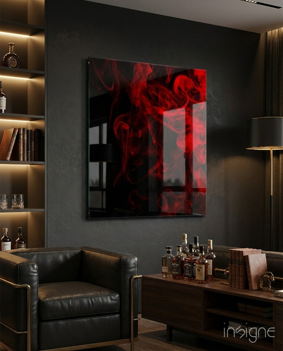 Crimson smoke swirl on black glass wall art with polished finish