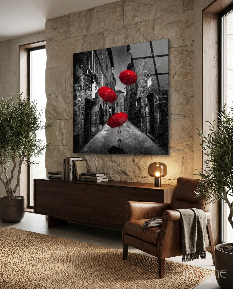 Red umbrellas rainy alley glass wall art