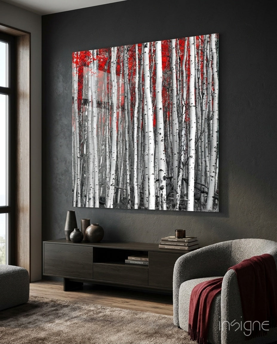 Red autumn forest of slender trees printed on high-gloss tempered glass wall art