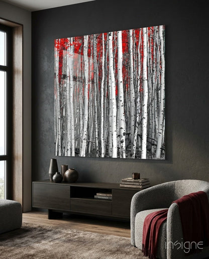 Red autumn forest of slender trees printed on high-gloss tempered glass wall art