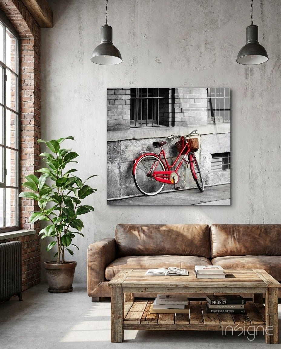 Classic red bicycle glass wall art in bright tones on high-gloss tempered glass