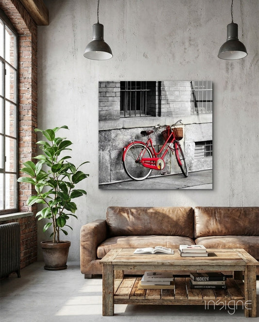 Classic red bicycle glass wall art in bright tones on high-gloss tempered glass