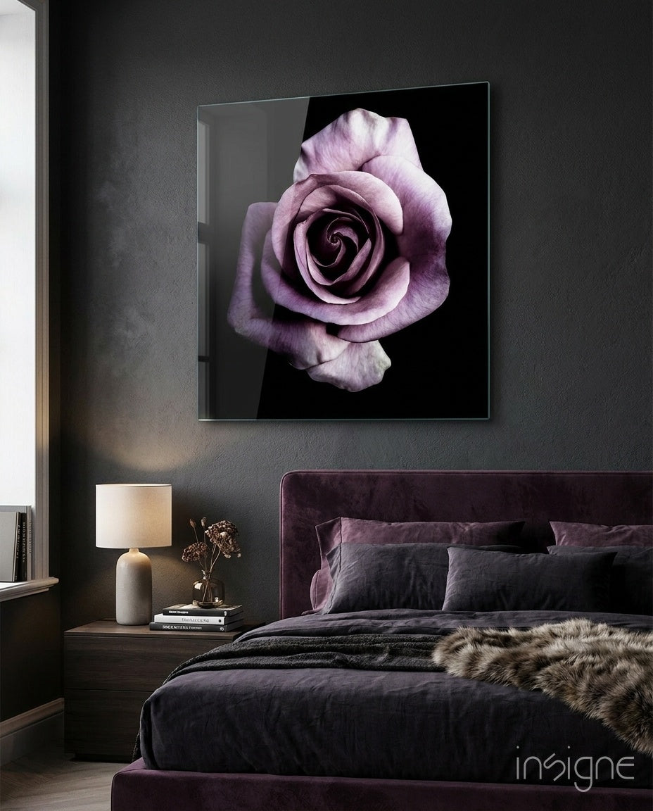 Lilac rose on black glass wall art