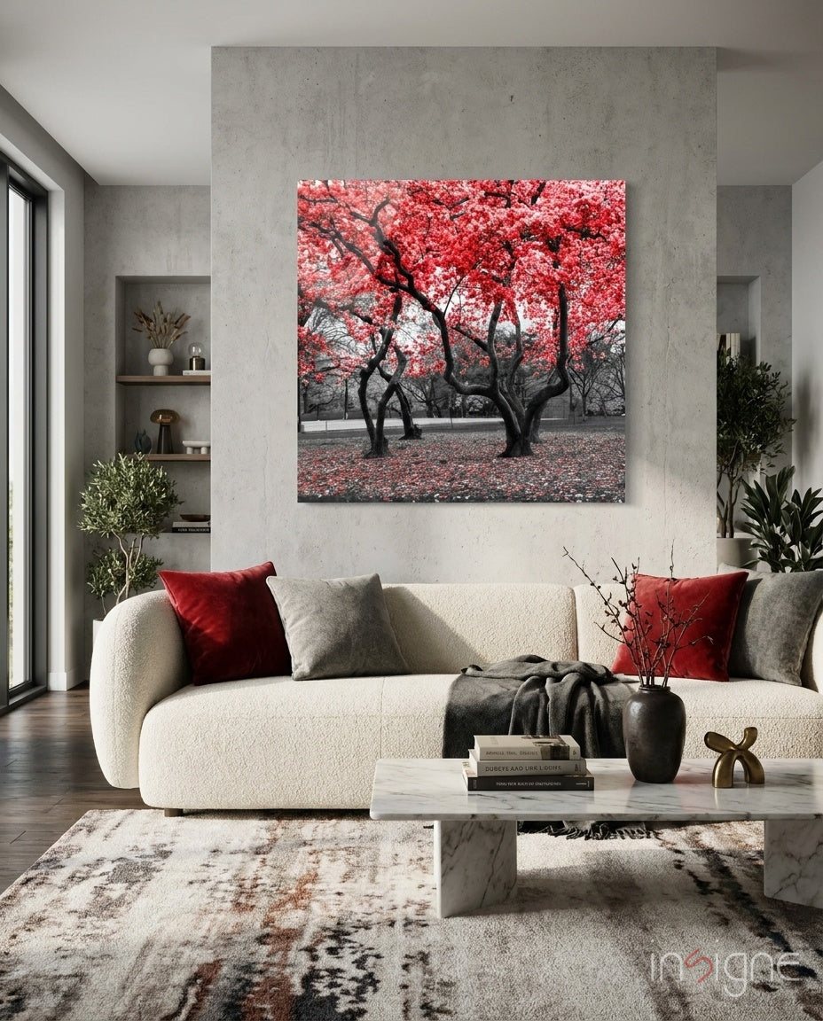 Red blossom park grove glass wall art