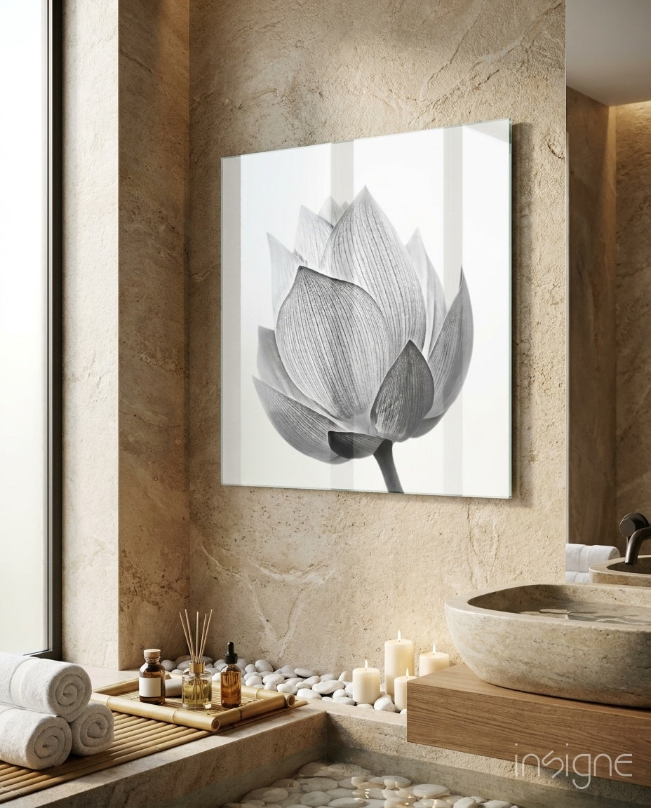 Silver lotus blossom floral glass wall art