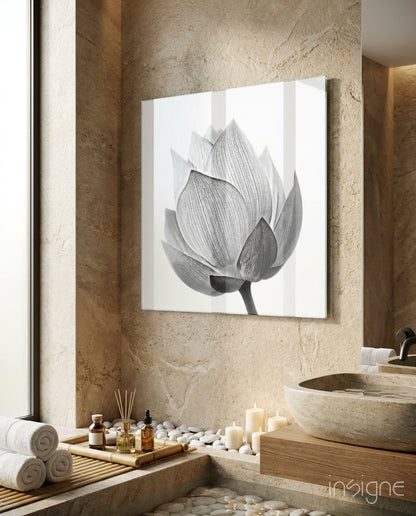 Silver lotus blossom floral glass wall art