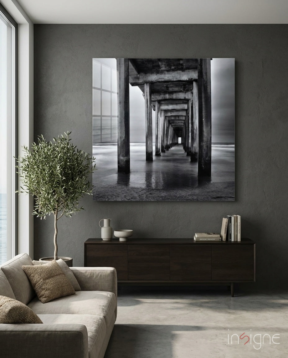 Pier arches black and white glass wall art