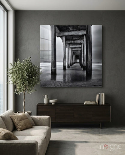 Pier arches black and white glass wall art