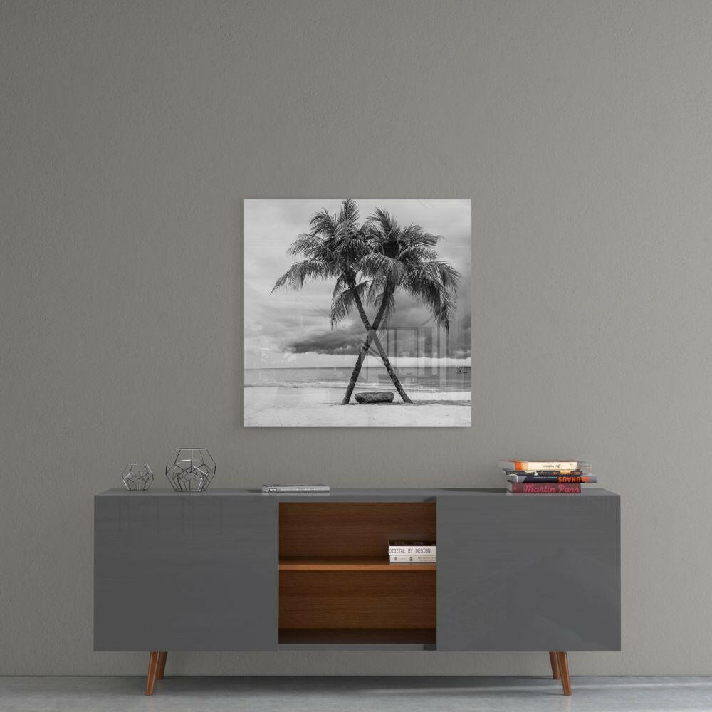 Monochrome Palm Trees Glass Wall Art