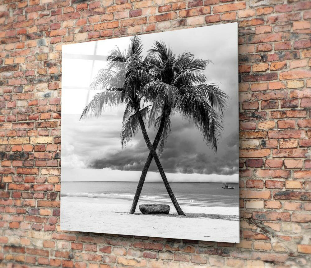 Monochrome Palm Trees Glass Wall Art