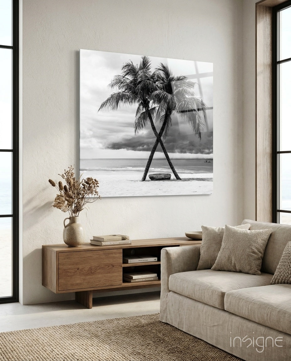 Monochrome palm trees glass wall art with polished finish