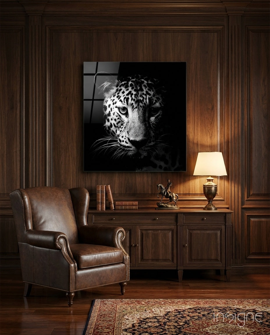Moody Dark Leopard Glass Wall Art wildlife portrait print
