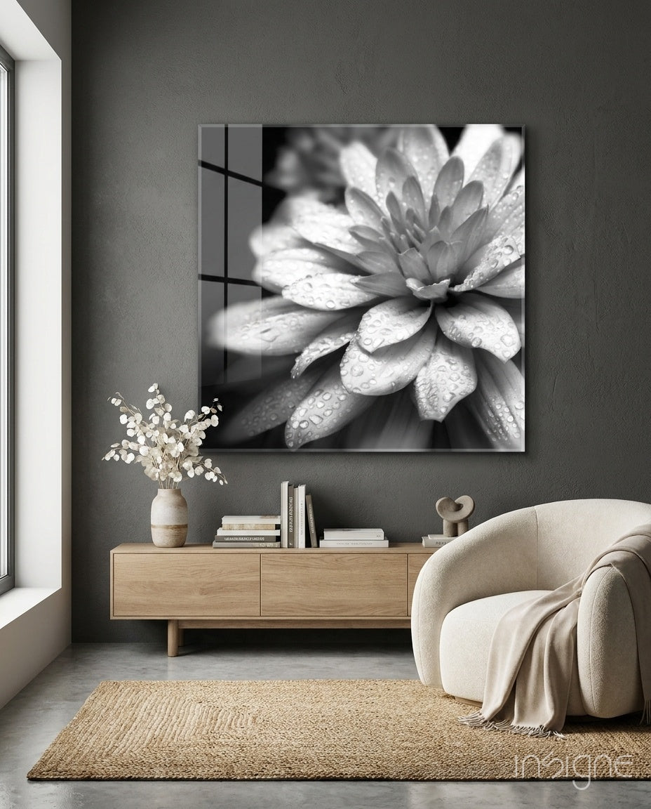 Monochrome dahlia glass wall art close-up