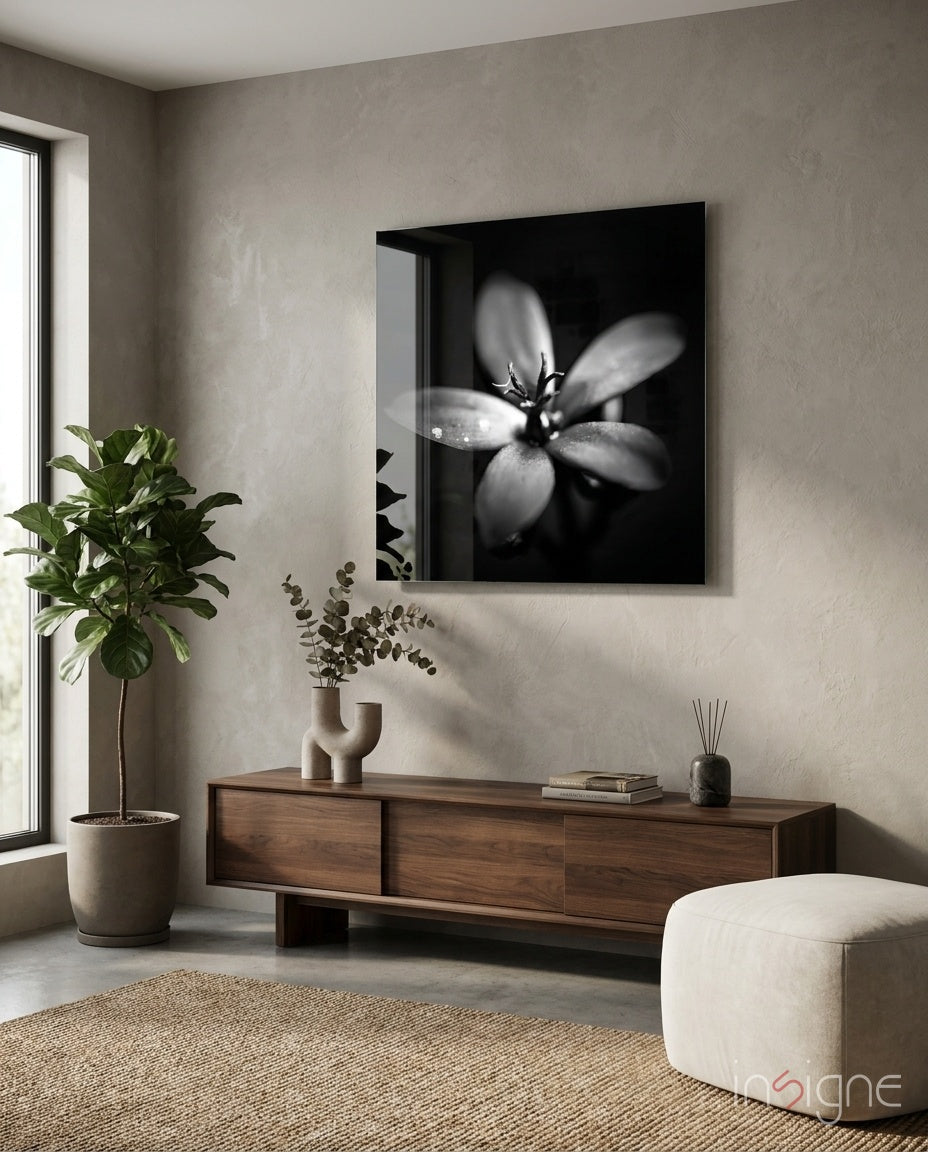 Dark backlit dewdrop bloom glass wall art
