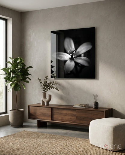 Dark backlit dewdrop bloom glass wall art