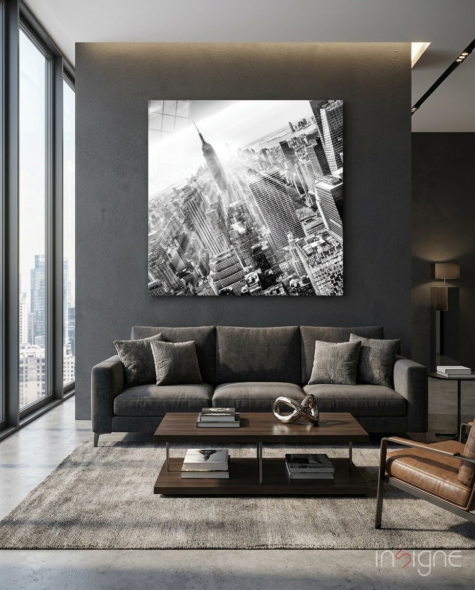 Aerial black and white New York skyline glass wall art
