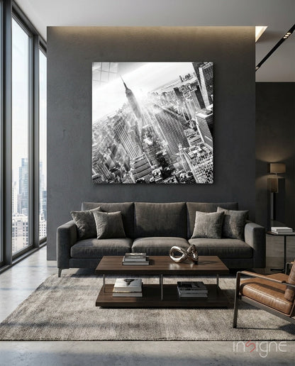 Aerial black and white New York skyline glass wall art