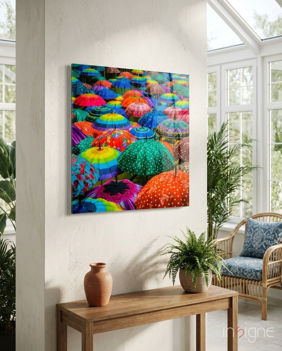 Rainbow polka dot umbrellas glass wall art