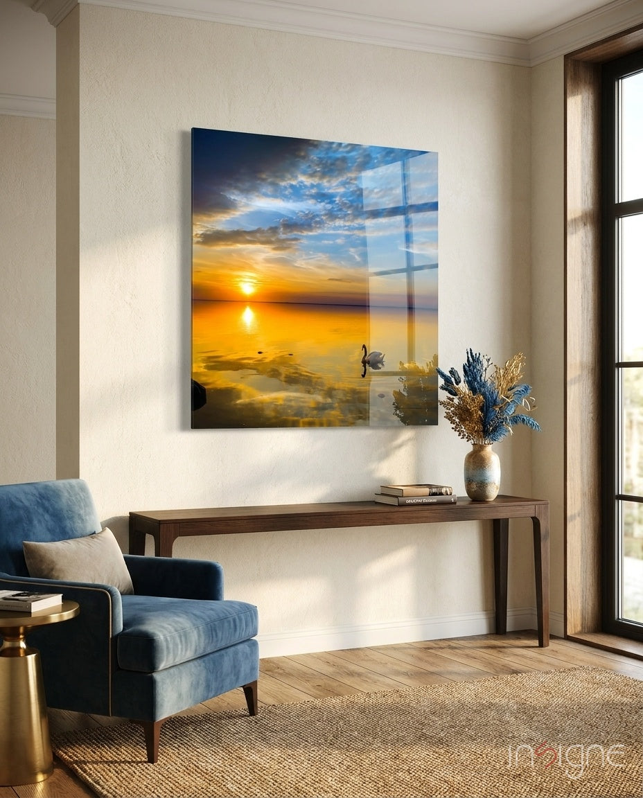 Sunset glass wall art with rich glowing palette