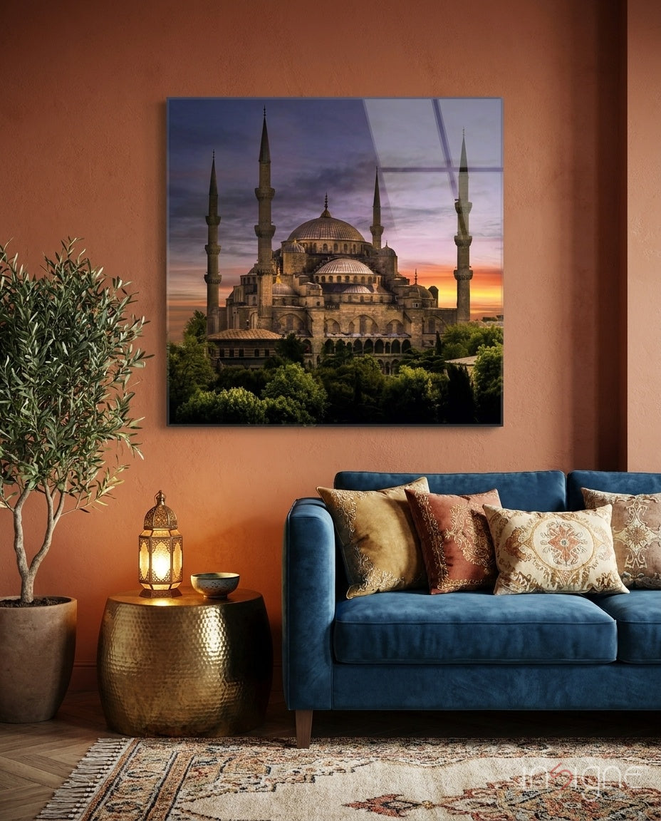 Blue Mosque glass wall art with Istanbul skyline at golden hour