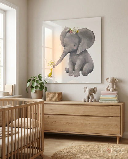 Elephant and duck glass wall art square tempered glass wildlife pairing