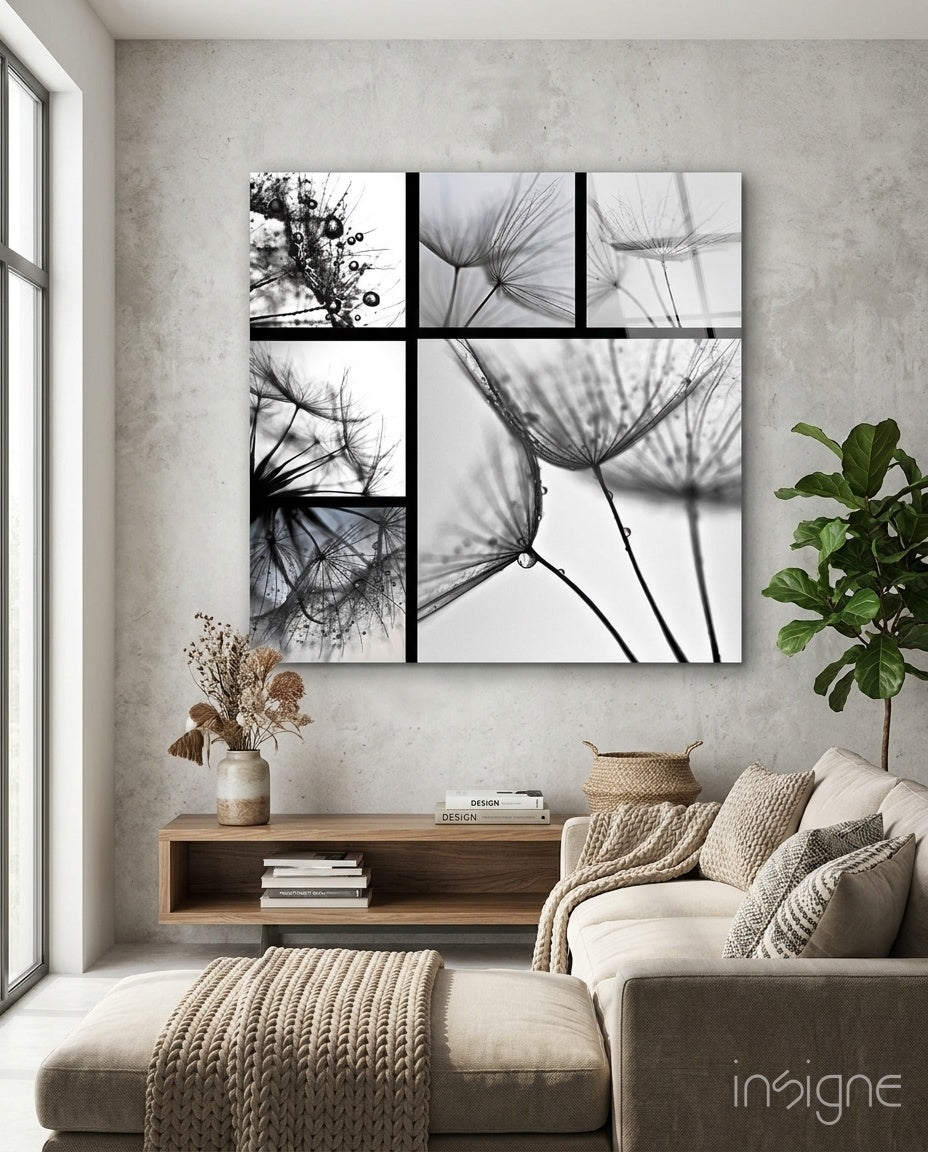 Monochrome dandelion collage glass wall art