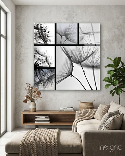 Monochrome dandelion collage glass wall art