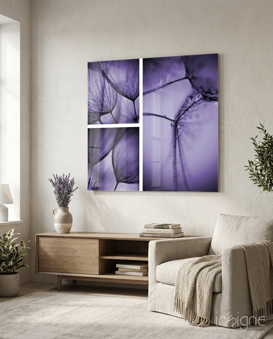 Purple dandelion glass wall art