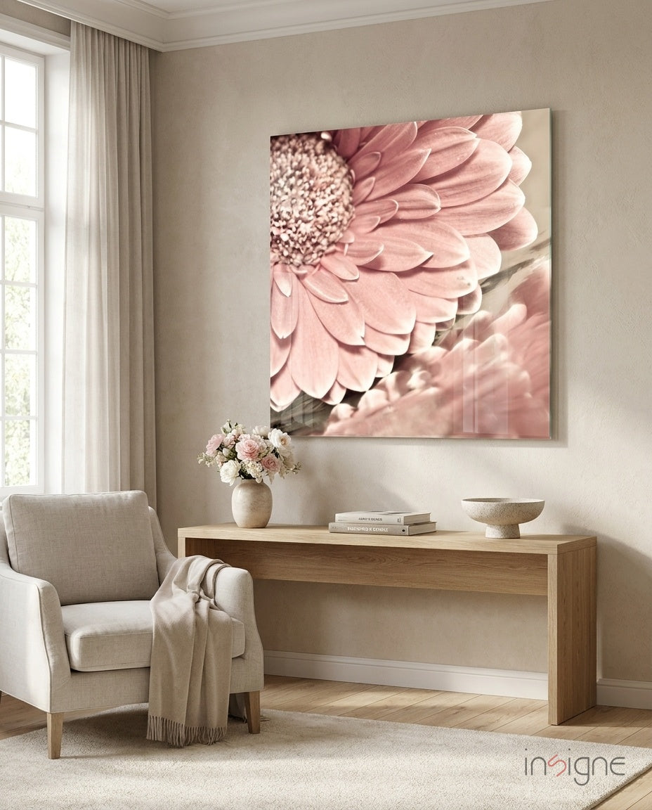 Pink gerbera daisy glass wall art macro flower photo