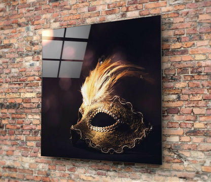 Gold Plumed Masquerade Mask Glass Wall Art