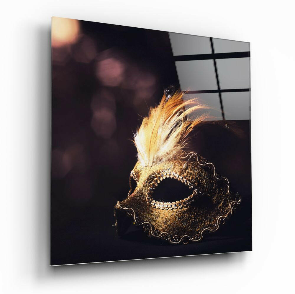 Gold Plumed Masquerade Mask Glass Wall Art