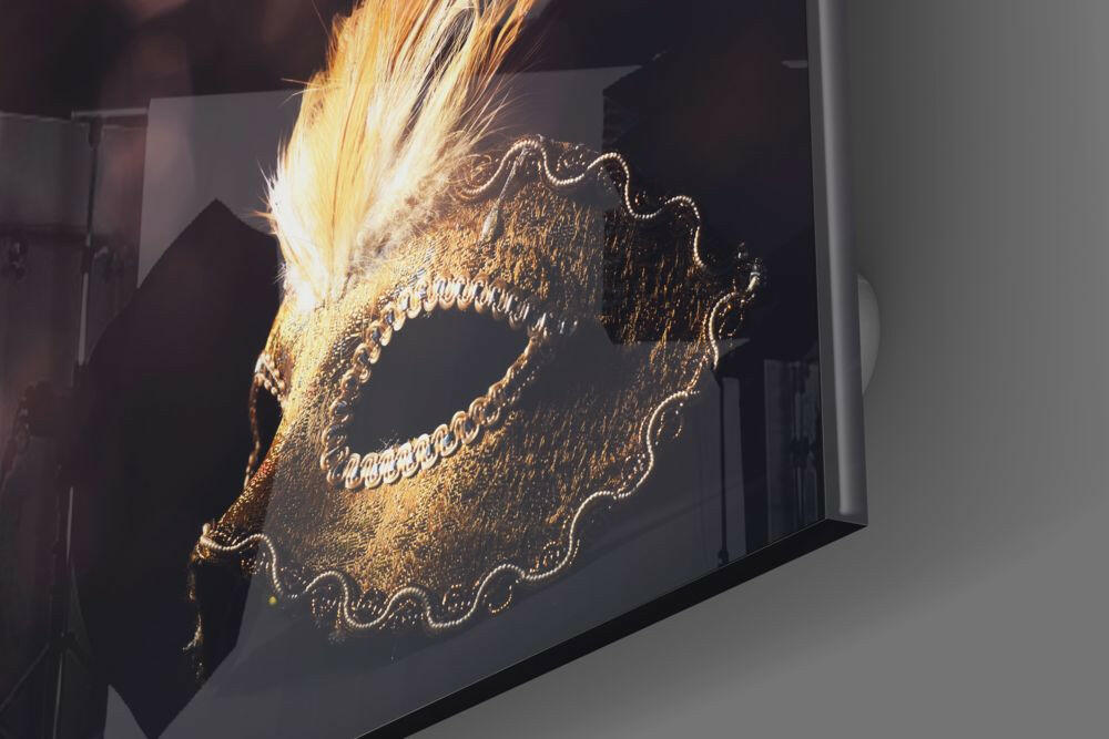 Gold Plumed Masquerade Mask Glass Wall Art