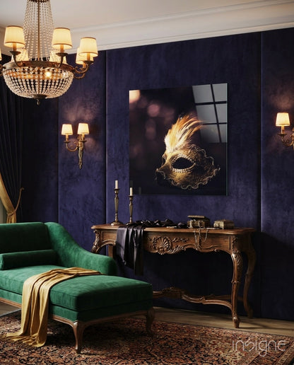 Gold Plumed Masquerade Mask Glass Wall Art