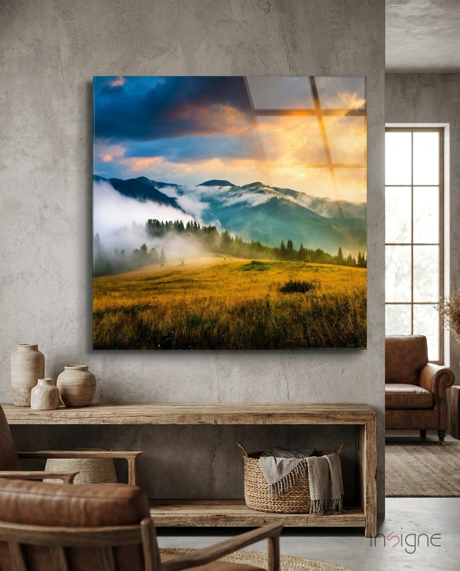 Valley landscape tempered glass wall art displayed on a wall