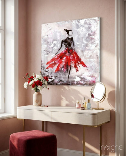 Red skirt dancer glass wall art
