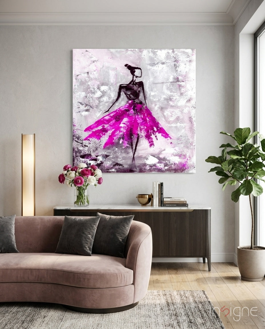 Woman pink fashion illustration glass wall art print