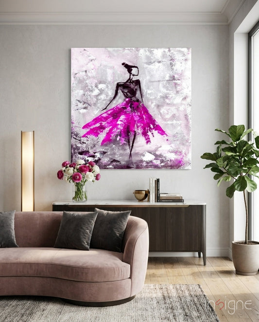 Woman pink fashion illustration glass wall art print