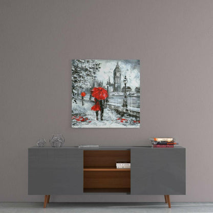 Red Umbrella Couple Clock Tower Glass Wall Art