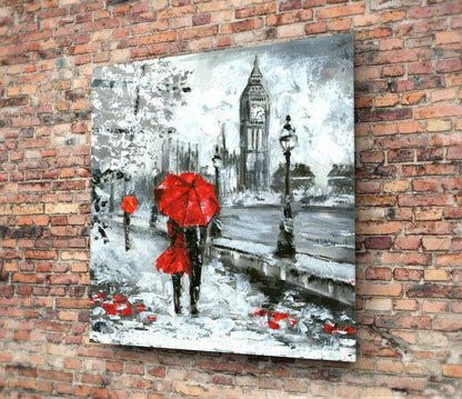 Red Umbrella Couple Clock Tower Glass Wall Art