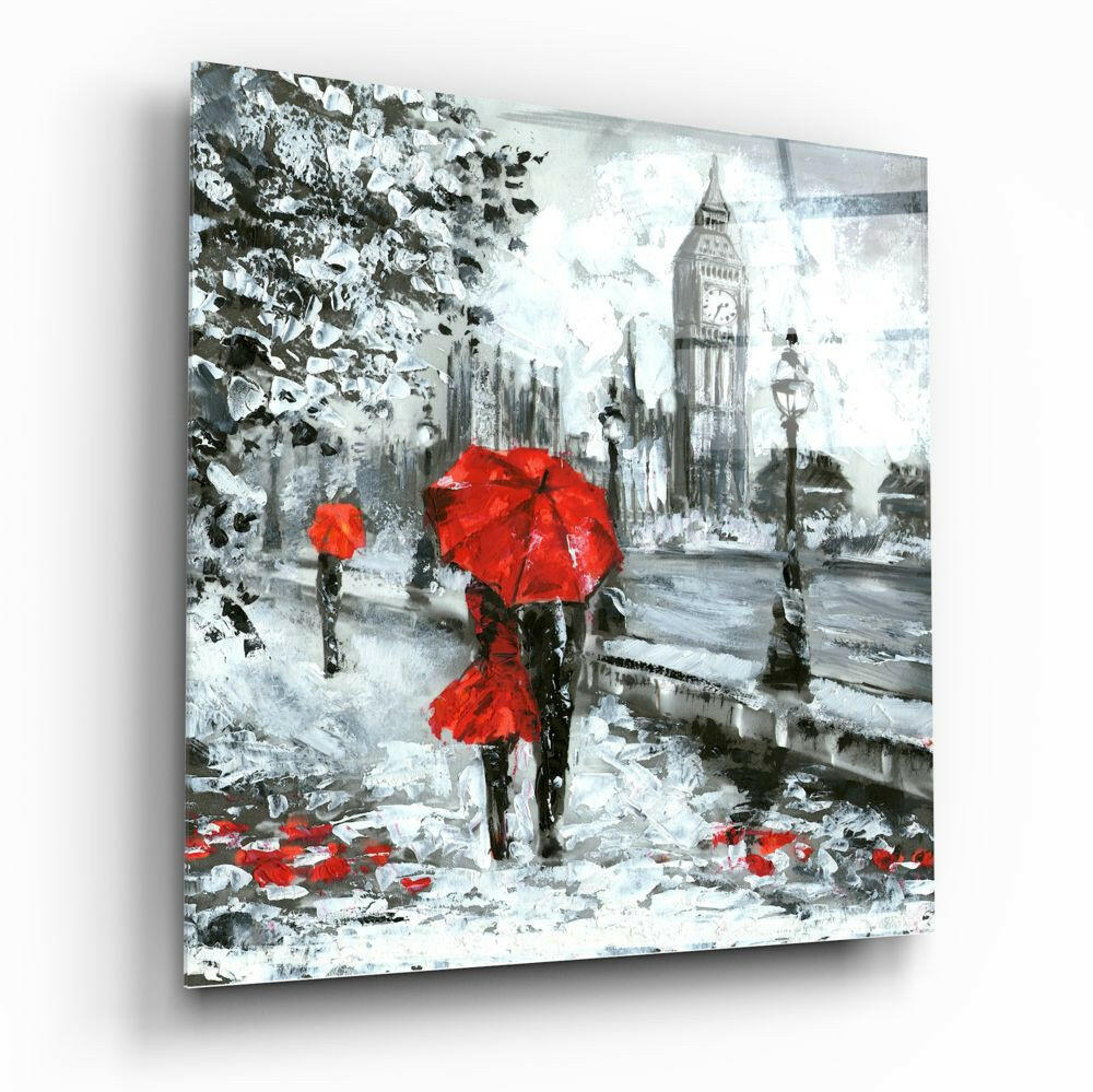 Red Umbrella Couple Clock Tower Glass Wall Art