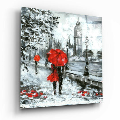 Red Umbrella Couple Clock Tower Glass Wall Art